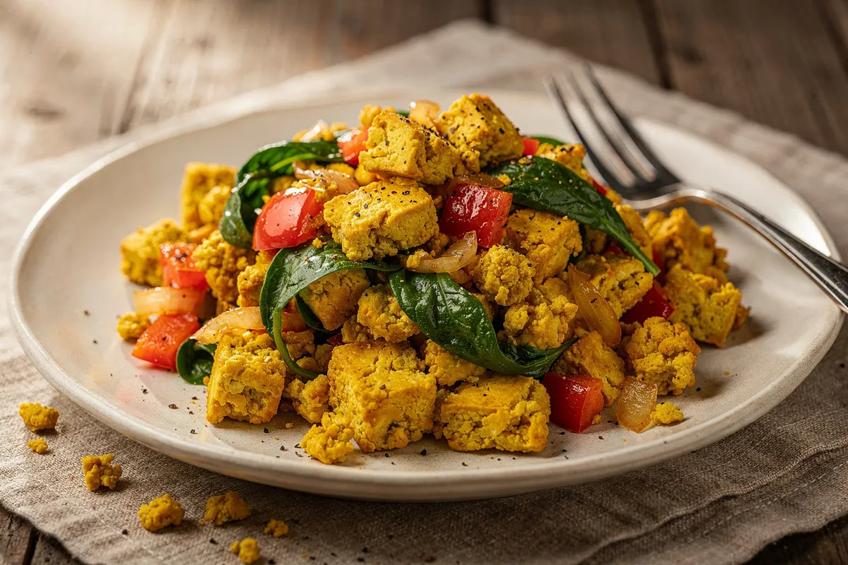 Illustration of Tofu Scramble with Spinach and Peppers (not a photo)