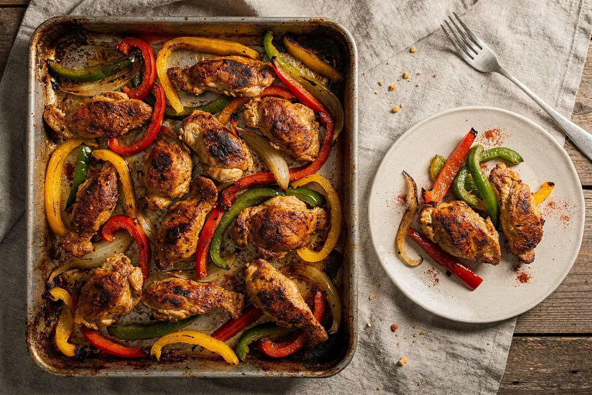 Illustration of Sheet-Pan Chicken Fajitas (not a photo)