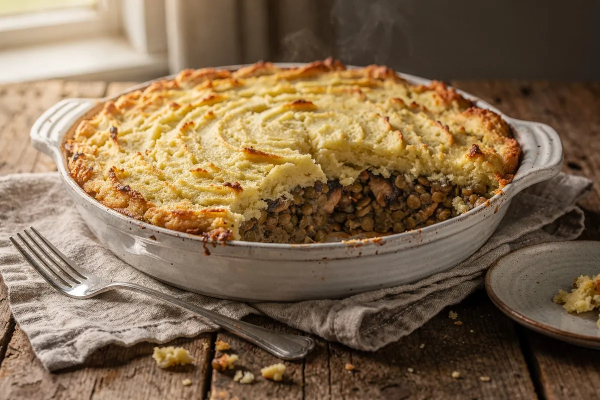 Illustration of Lentil Mushroom Shepherd's Pie (not a photo)