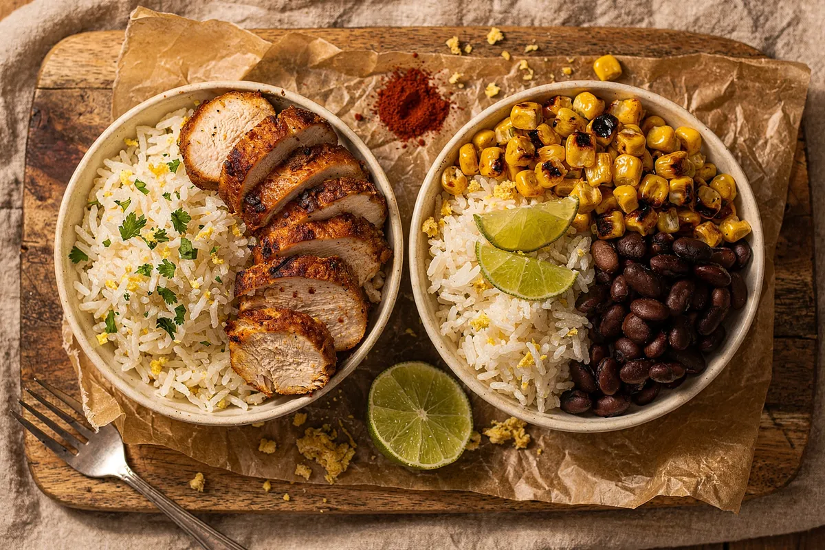 Illustration of Chicken and Black Bean Burrito Bowls (not a photo)