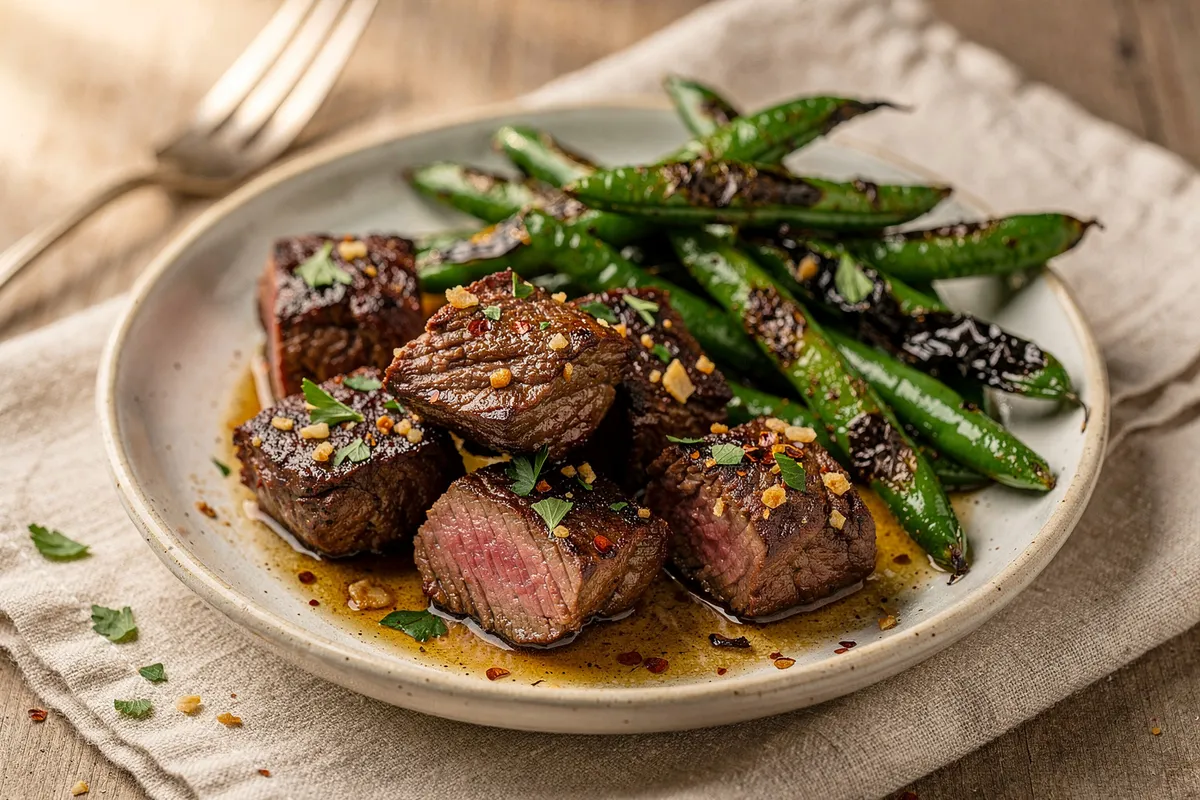 Illustration of Garlic Butter Steak Bites with Green Beans (not a photo)