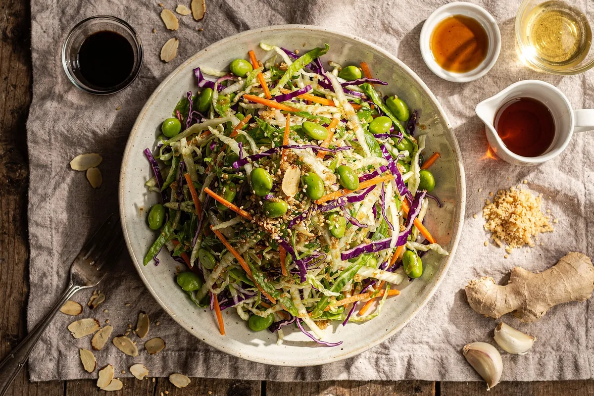 Illustration of Crunchy Sesame Cabbage Salad with Edamame (not a photo)