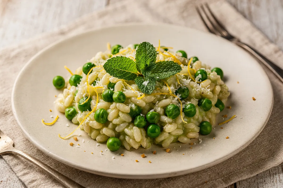Illustration of Lemony Pea Risotto (not a photo)