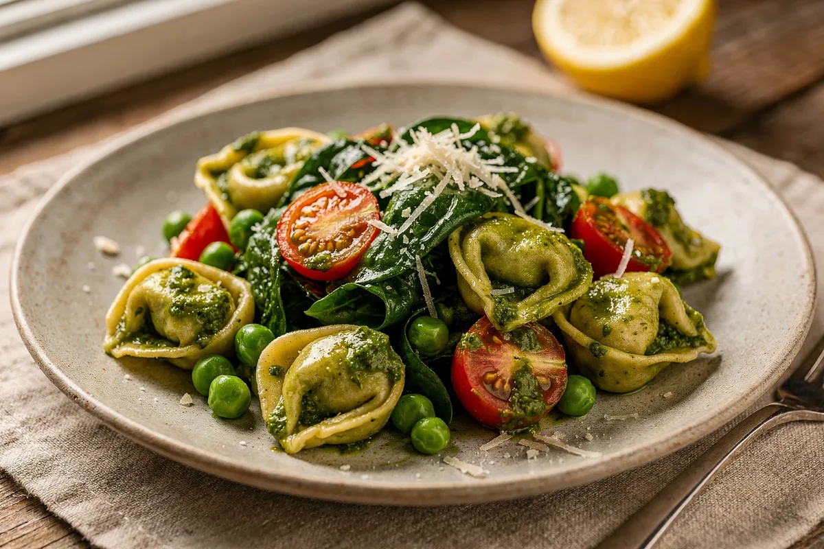 Illustration of Pesto Tortellini with Peas and Spinach (not a photo)