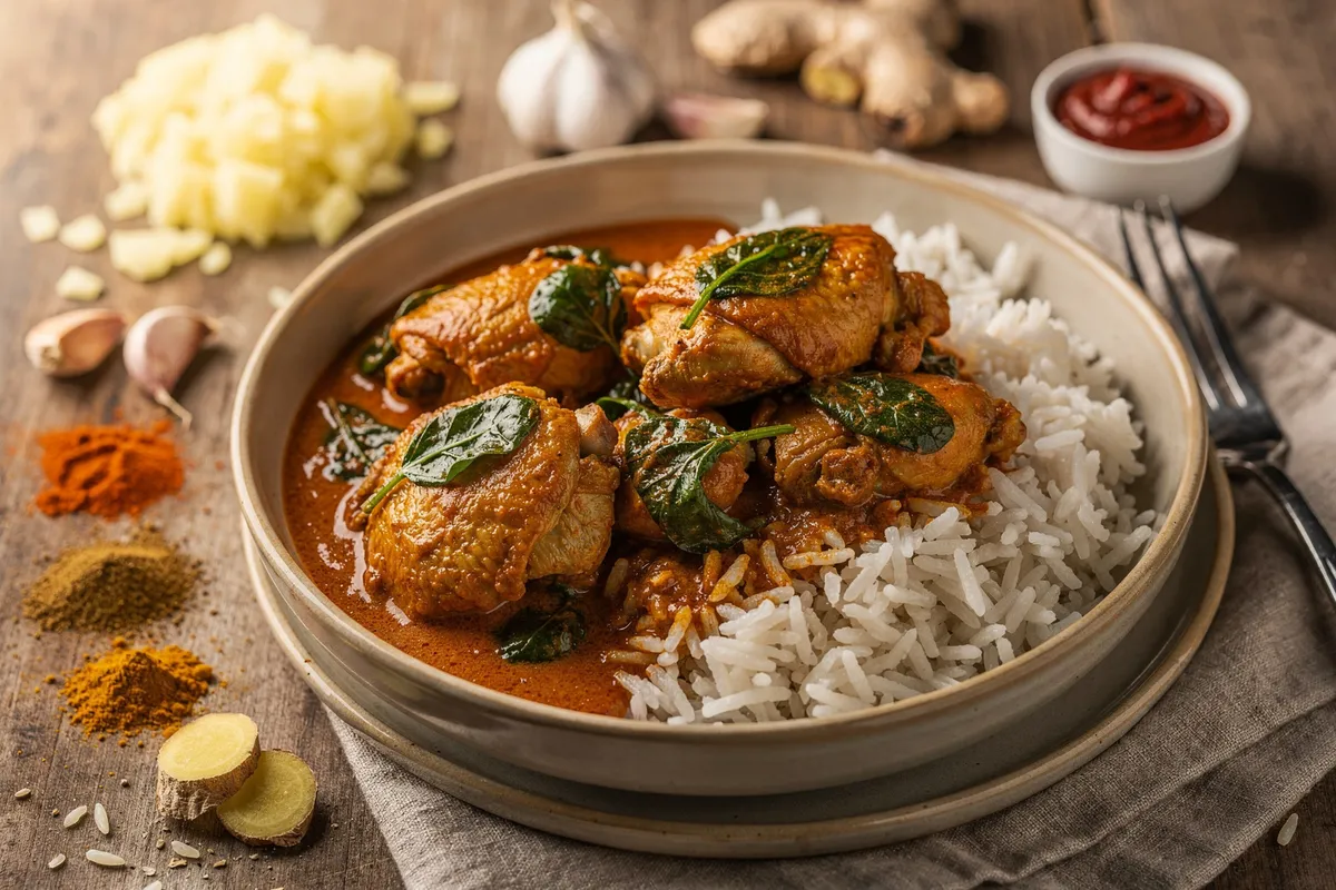 Illustration of Weeknight Chicken Curry with Spinach (not a photo)
