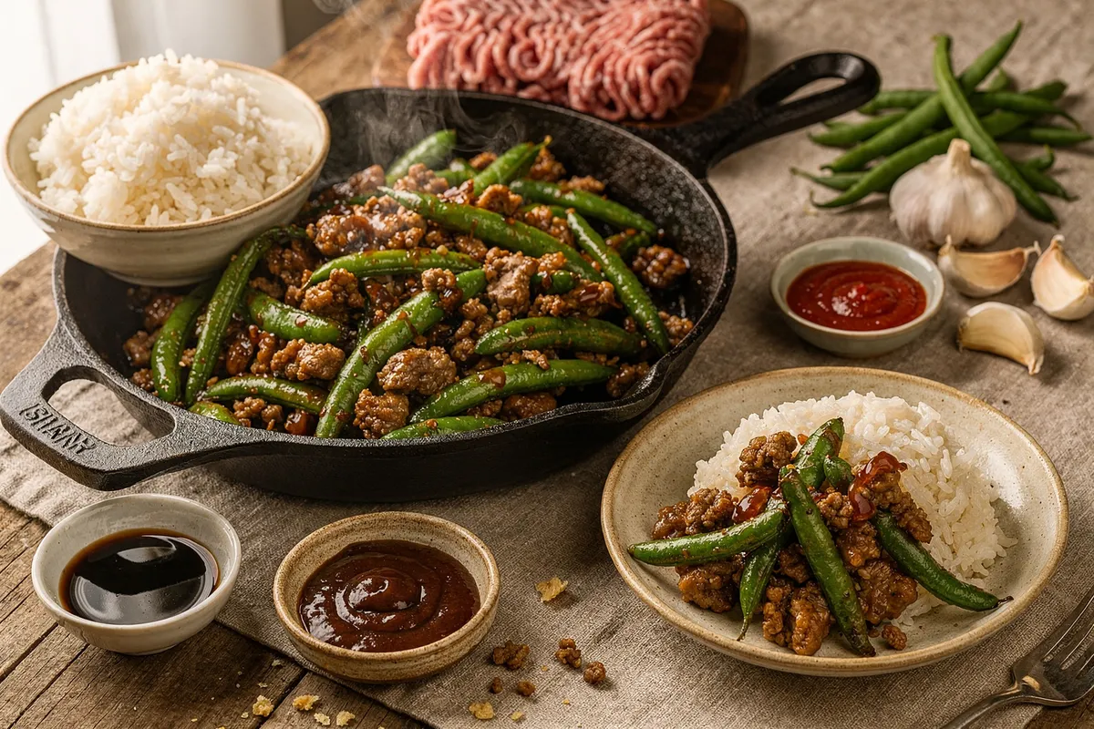 Illustration of Ginger Pork and Green Bean Stir-Fry (not a photo)