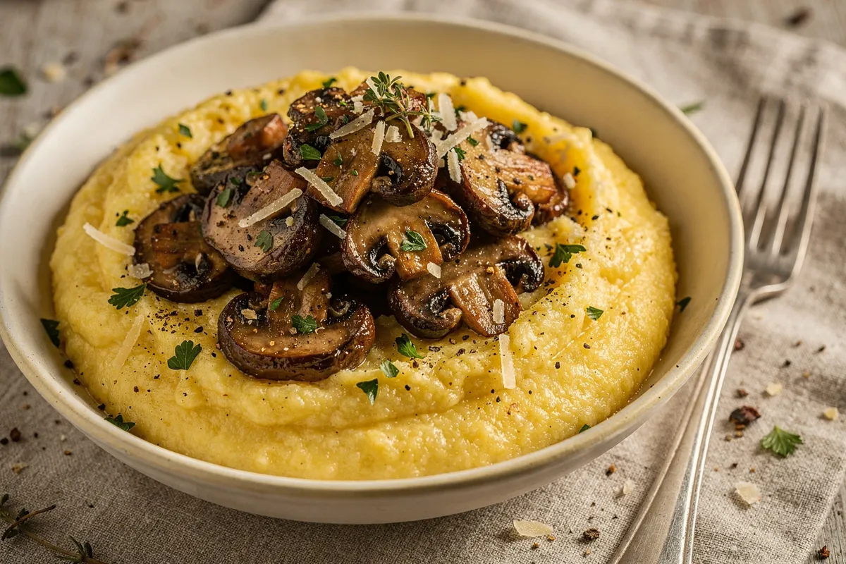 Illustration of Creamy Polenta with Garlicky Mushrooms (not a photo)