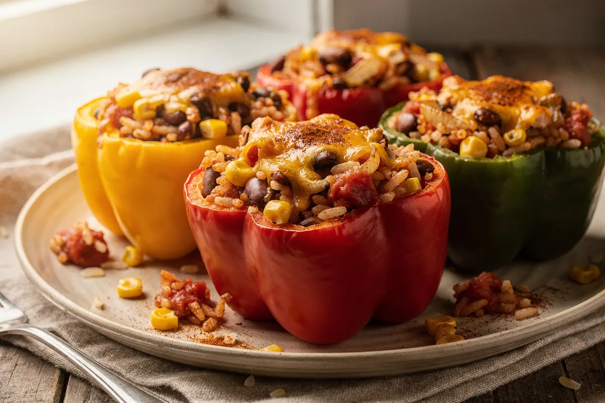 Illustration of Pinto Bean and Rice Stuffed Peppers (not a photo)